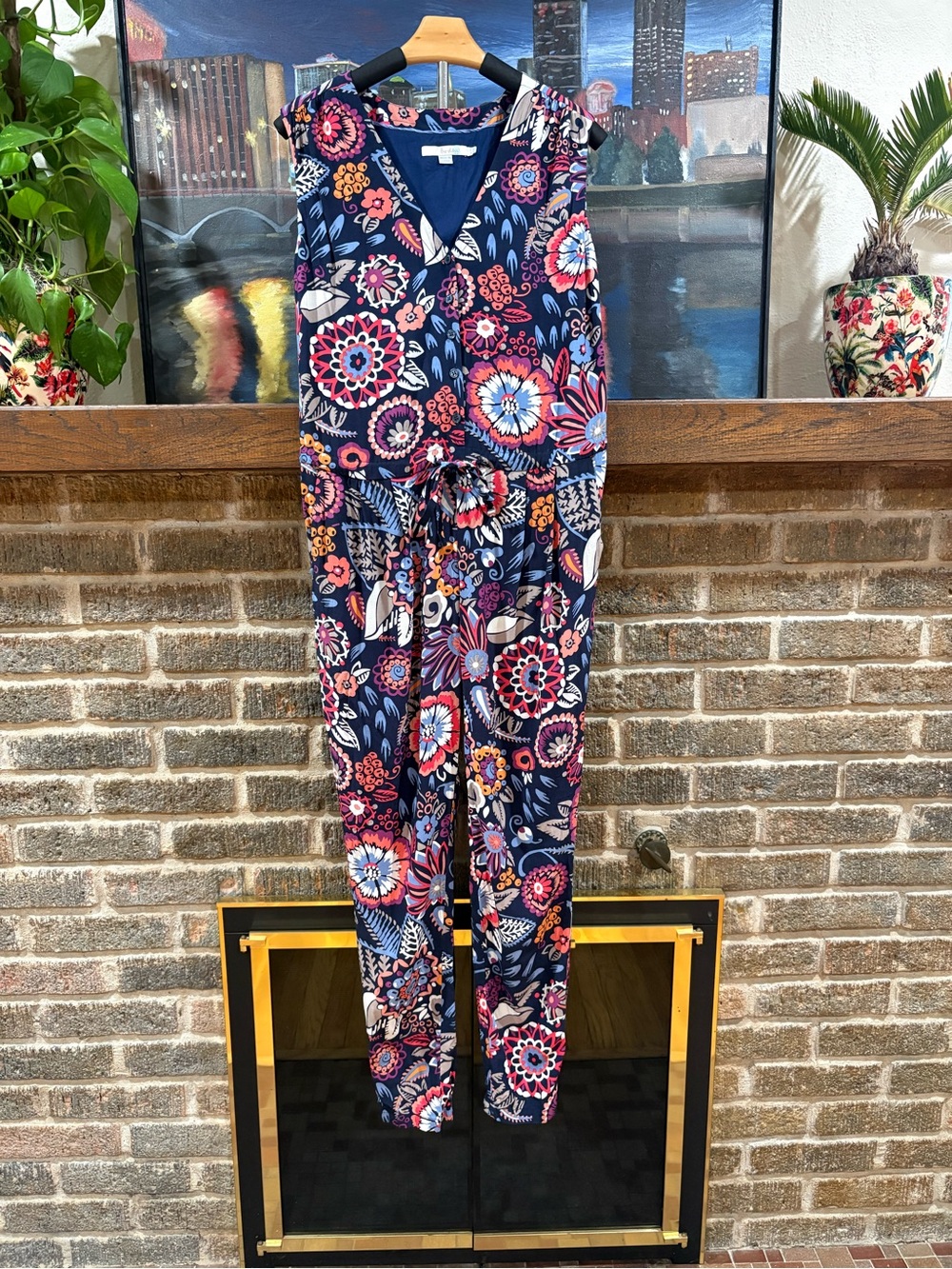Boden Floral Navy Sleeveless V-Neck Jumpsuit with Tie Waist